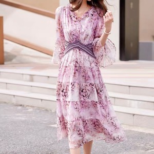 ワンピース 韓国風 オルチャン フリル 花柄 フラワー フレアワンピ ワンピ ミモレ ミモレ丈 ひざ丈 レトロ 袖あり 五分丈 Vネック ウエストマーク ギャザー 大人可愛い きれい シンプル カジュアル 大人 かわいい リゾート ビーチ 上品 おしゃれ お洒落 かっこいい 大人女子 セクシー モダン M L XL 2XL サイズ展開 春 夏 ロングシーズン デート お出かけ 女子会 華やか  韓国 韓国系 オルチャン ファッション スタイル 海 旅行 ひらひら ゆったり ゆるっと 大人カラー パステル