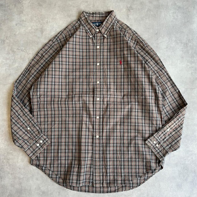 ラルフローレン チェック シャツ 古着 ポニー 刺繍 グレー 黒 L 13984