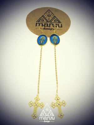 Blue Medaille Long chain Cross Earrings