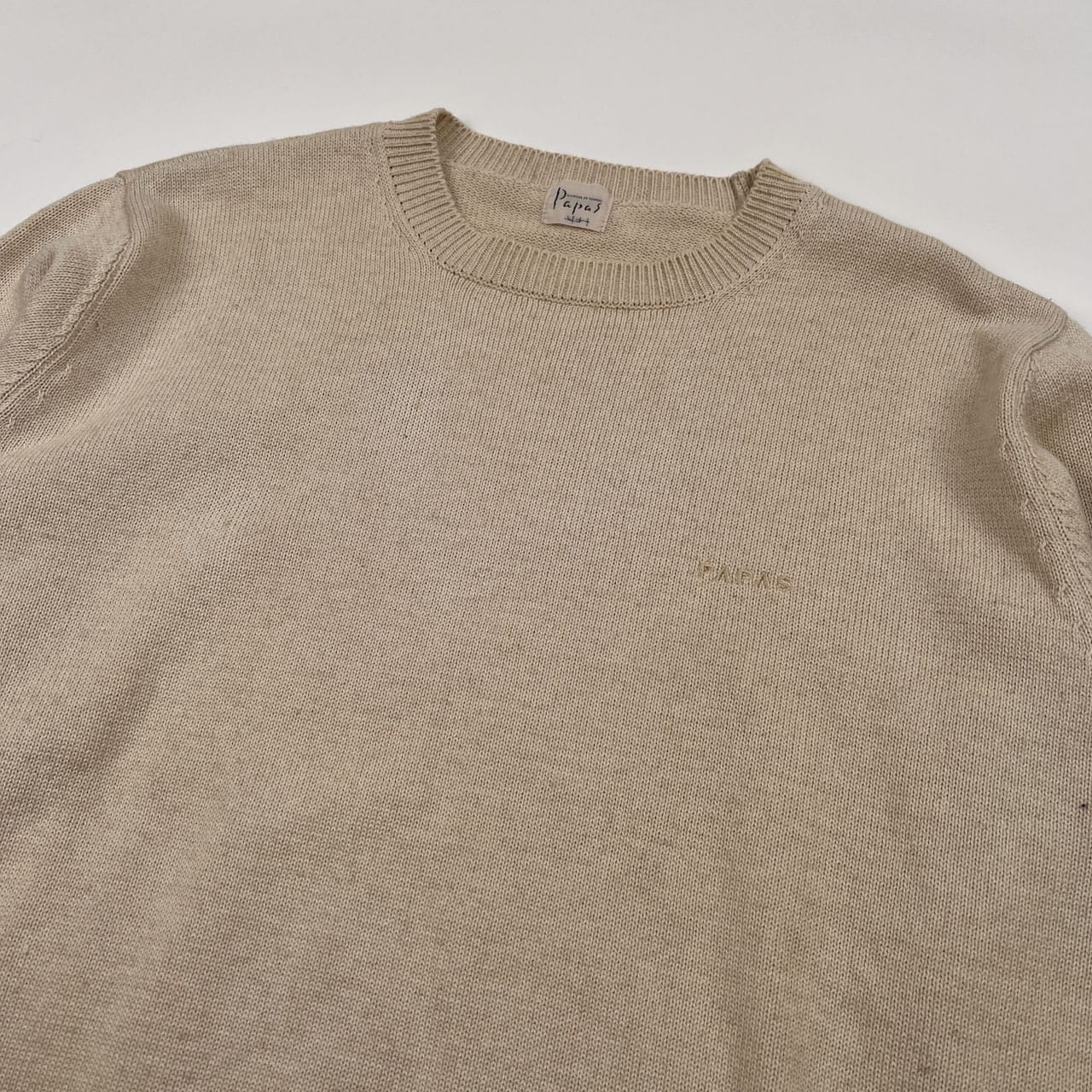 PAPAS パパス ロゴ刺繍 コットン&リネン ニット セーター サイズ L /メンズ/アイボリーベージュ系