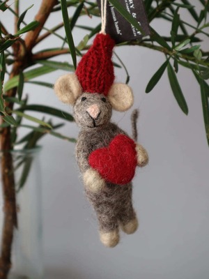 クリスマス オーナメント ハートと灰色のネズミ / Grey Mouse with Heart