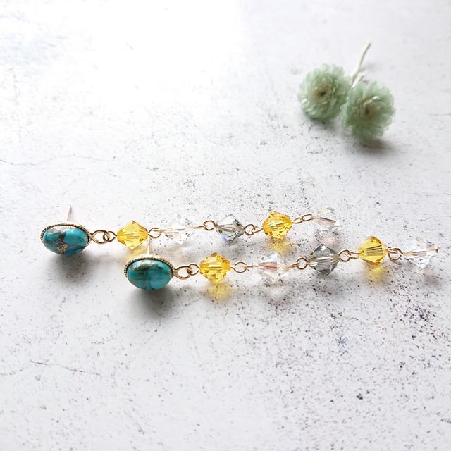 ビジュー ビーズ刺繍×カラフルタッセルピアス/イヤリング(イエロー 
