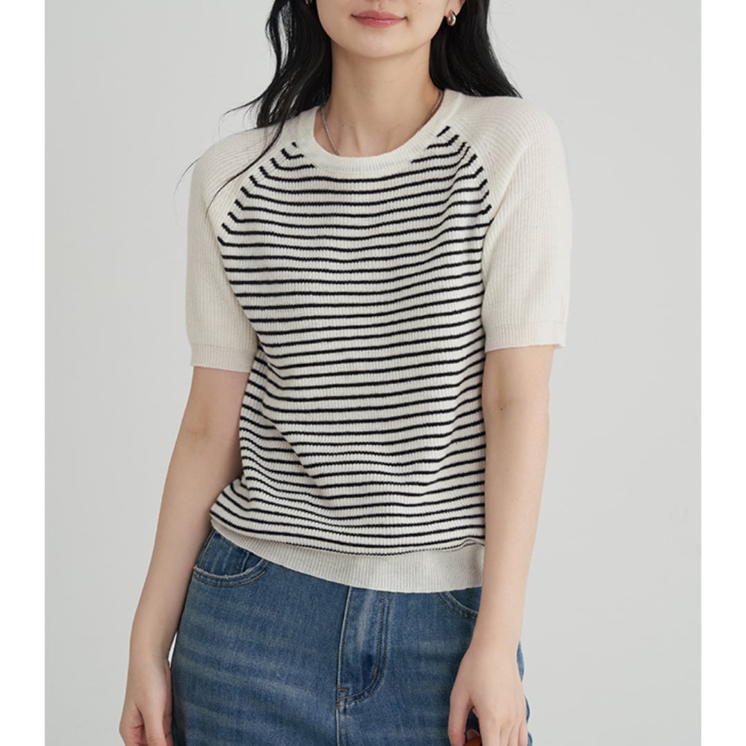 striped sweater short sleeve round neck top