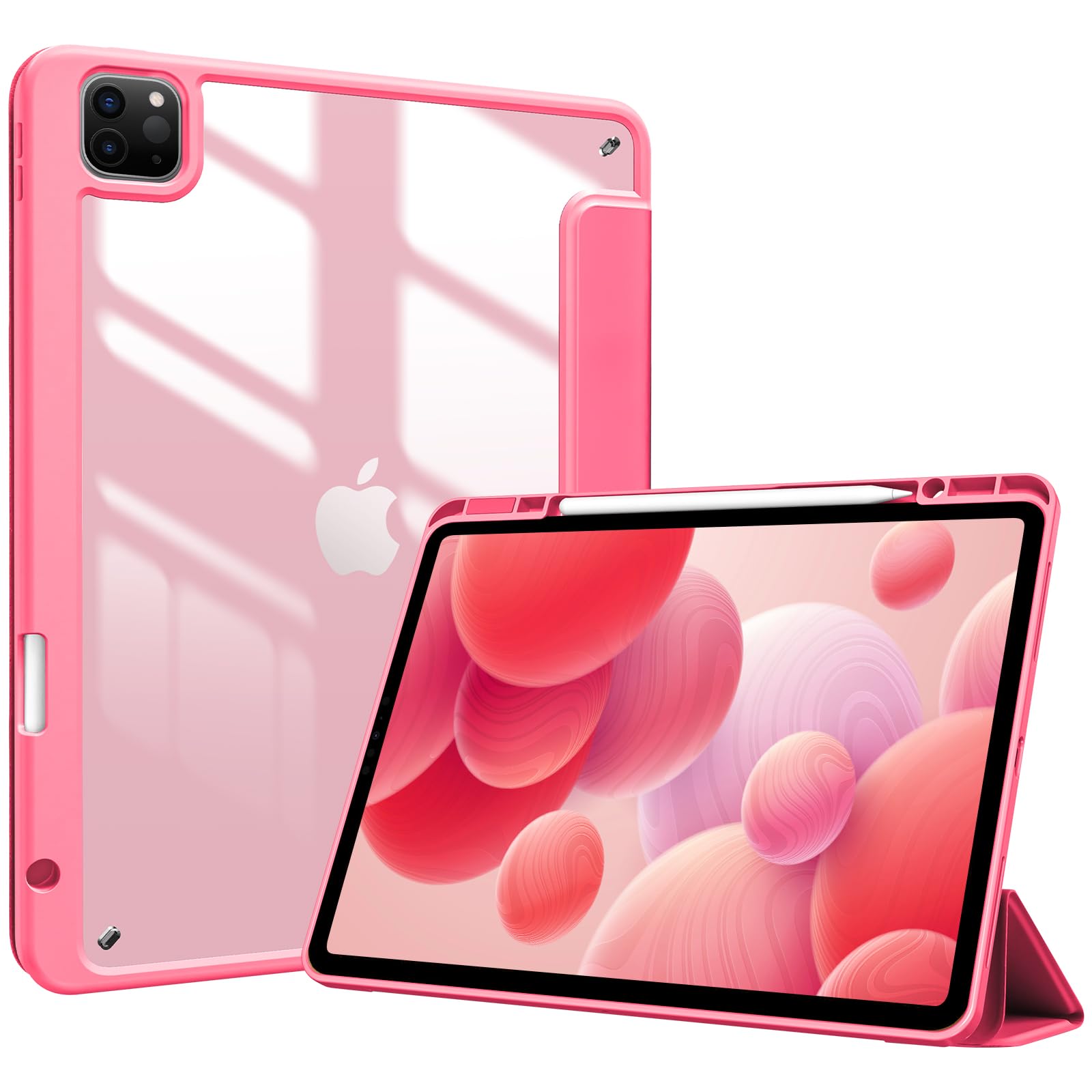 ProCase iPad Pro 12.9 ケース 第6/5/4/3世代に適用(2022 2021 2020 2018) 透明 クリアバックカバー ペン収納 耐衝撃 三つ折り スタンド スマートカバー - メロンピンク