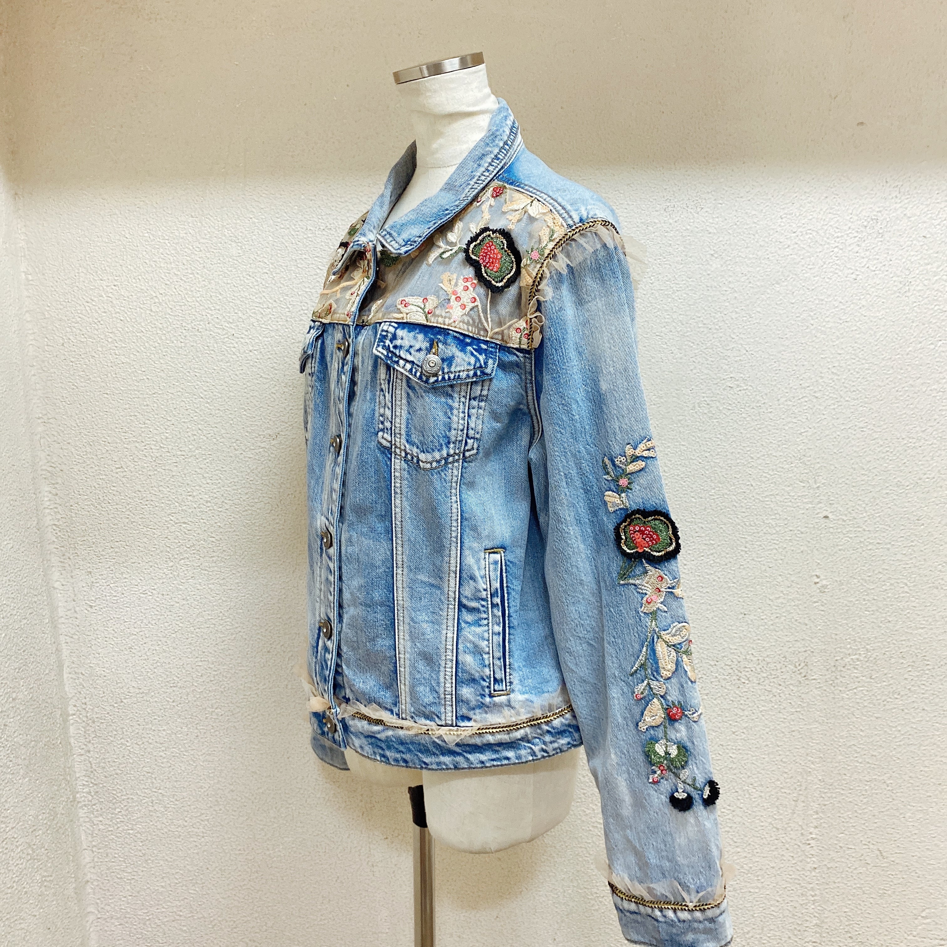 ♡オシャレ♡Desigual デニムジャケット ビーズ 花柄 異素材 LL