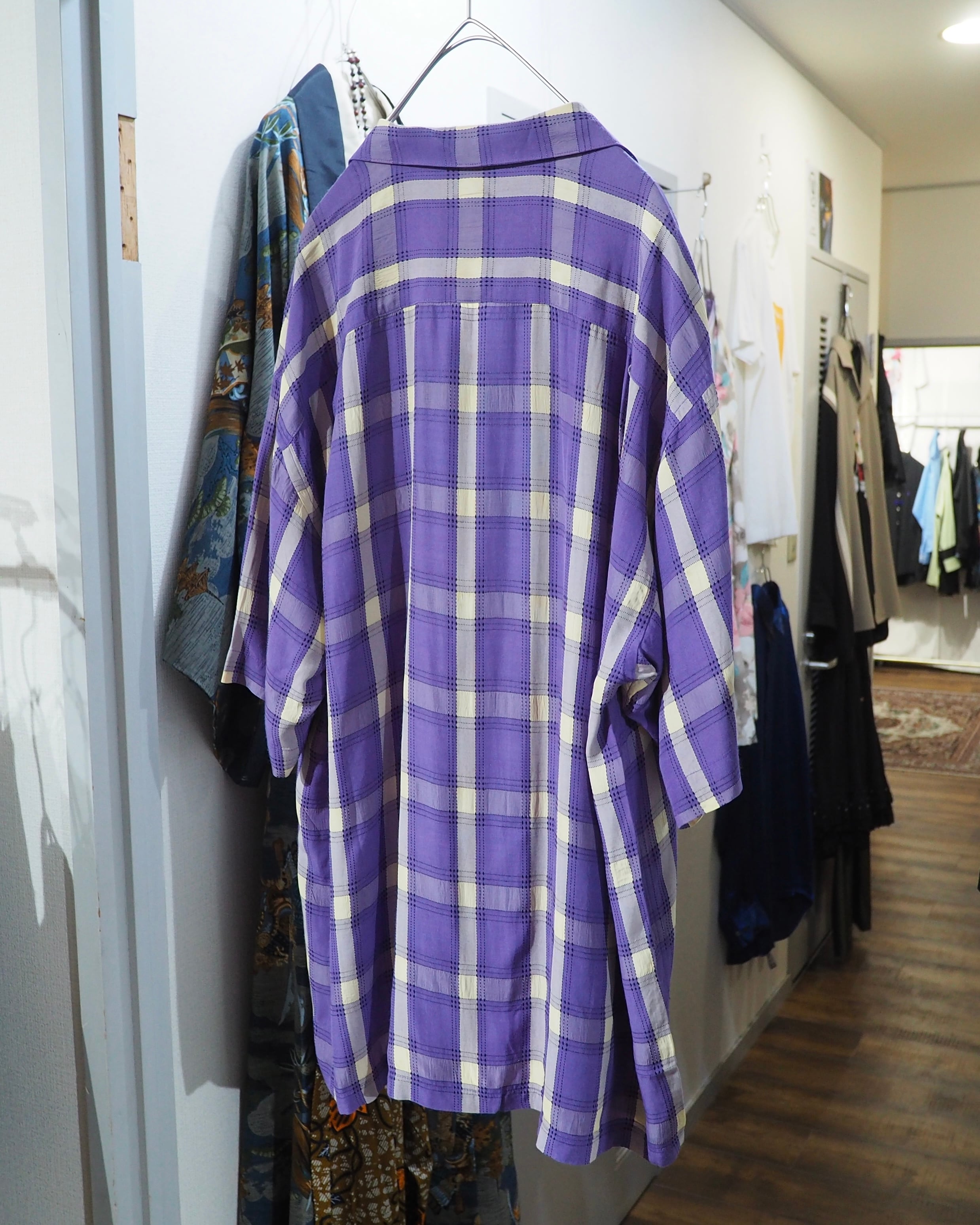 1990s " JUNKO KOSHINO " White Purple Check pattern vintage Open collar SS shirt
