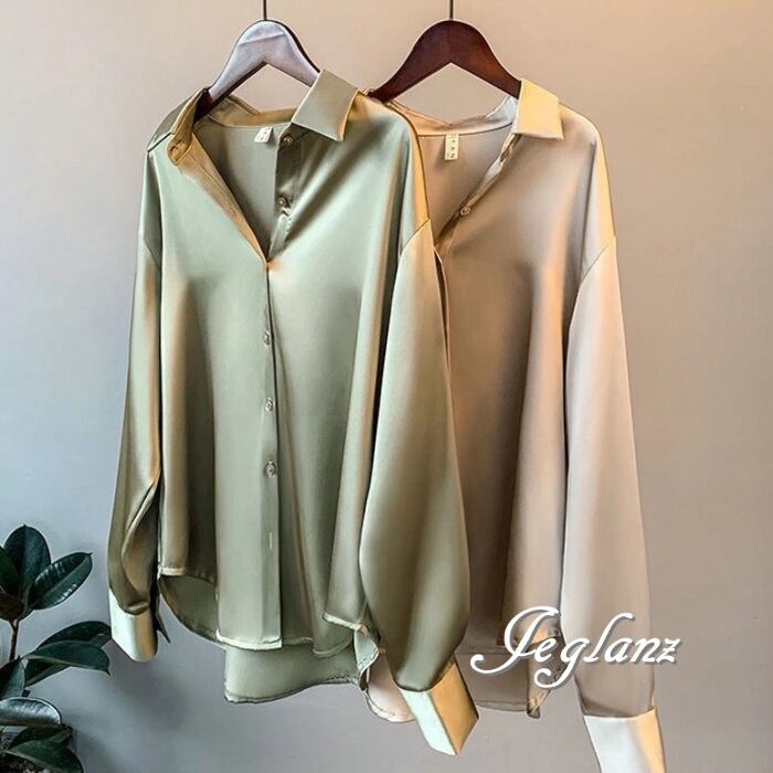 4色 サテン シャツ ブラウス きれいめ オフィス 光沢感 ♪(MA806)ρ