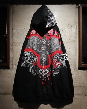 【Caka】Gothic Print × Patch Design Vintage Loose Zip up Hoodie
