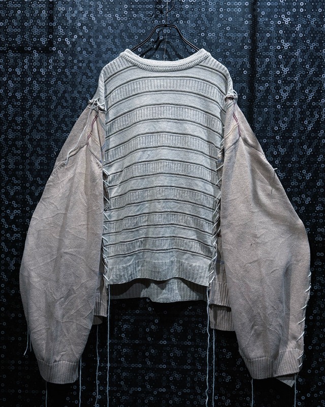 【ÆIEM】“再倖築” vintage Docking Expanded Knit Poncho Structure – Ash Gray × Linen Tone