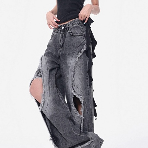 damage wide denim pants / l0086