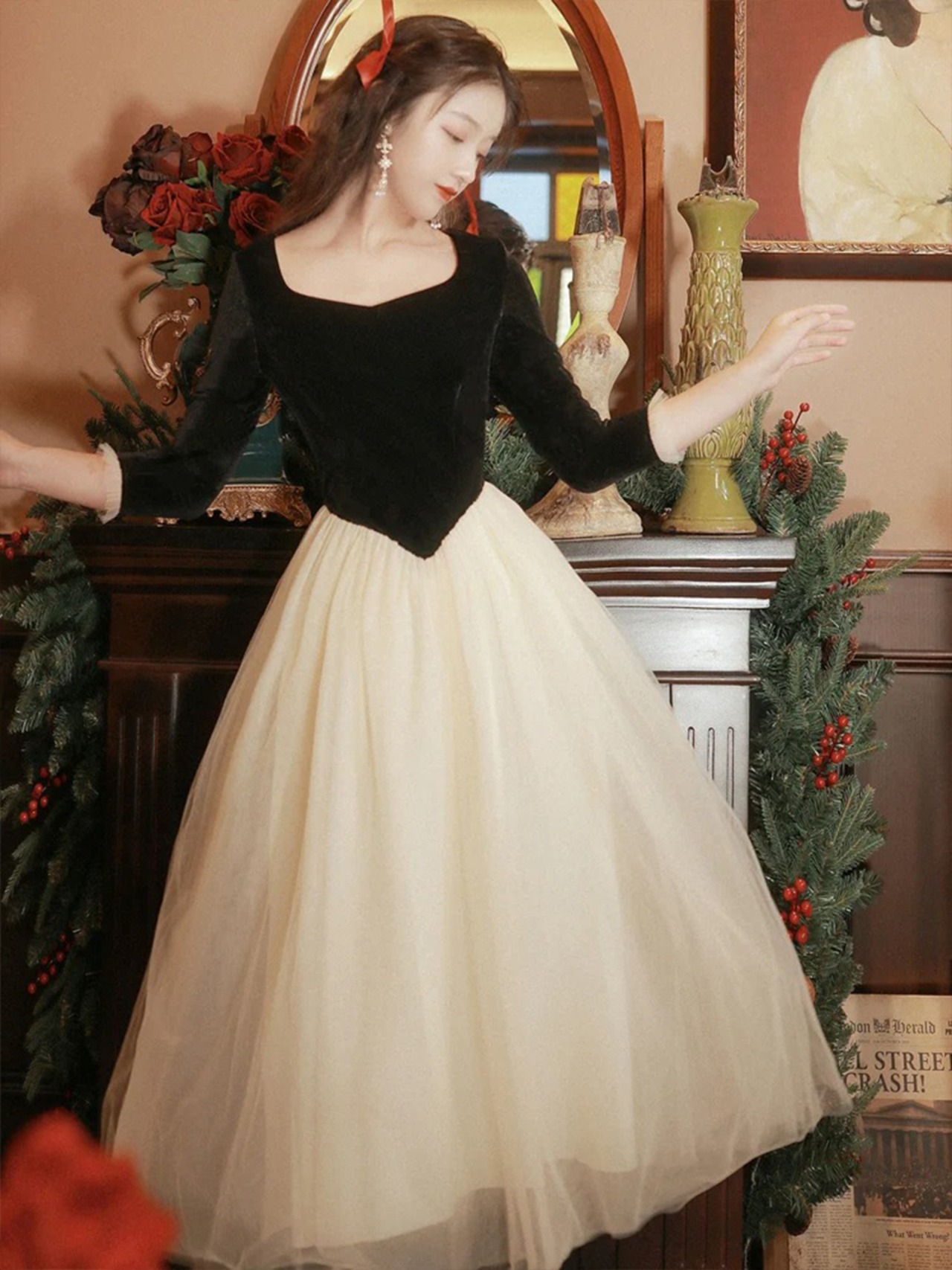 【0100】Simple Lace A Line Long Sleeve Dress