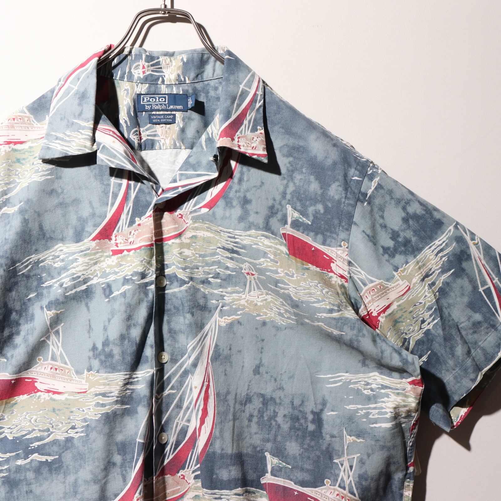 極美品 L 半袖開襟シャツ ポロラルフローレン ヨット 総柄 アロハ 90s  