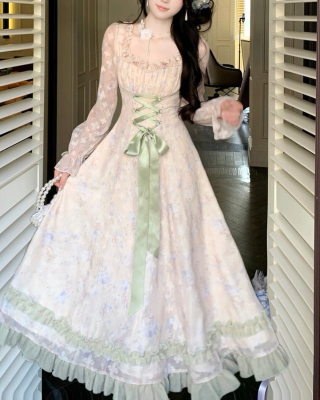 グリーンリボンレースアップガーデンワンピース  25W08433