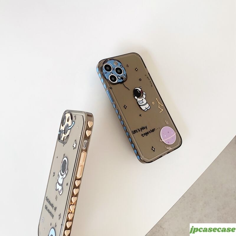 iPhone12Pro/11Pro/XS/XRケース 宇宙飛行士 キャラクター 透明黒