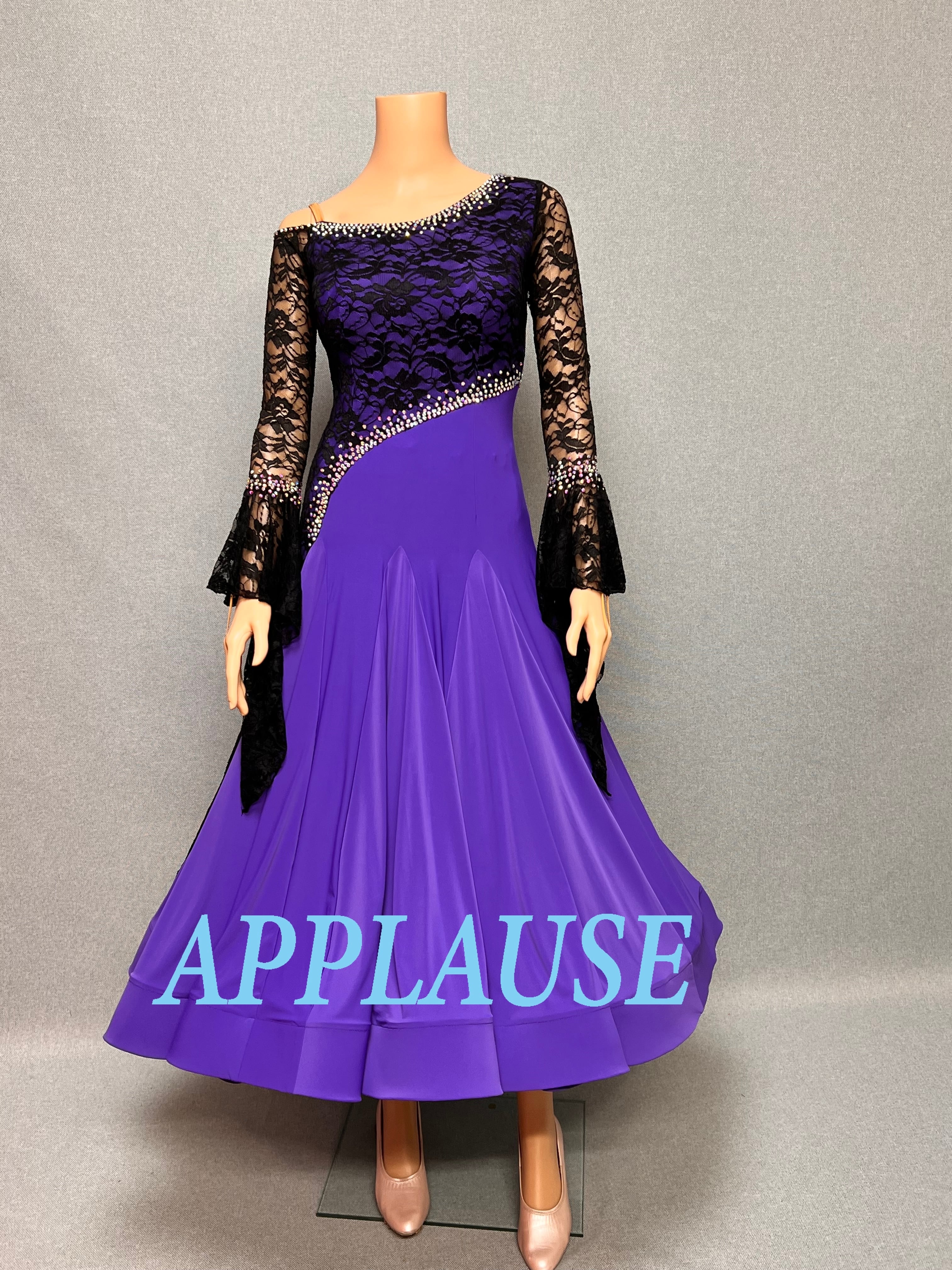 【新着】社交ダンス ドレス　スタンダード　モダンドレス　　パープル＆ブラック　M〜L   ST-26-５  デモ・競技用ドレス　発表会衣装　パーティドレス　ワンピース　舞台衣装