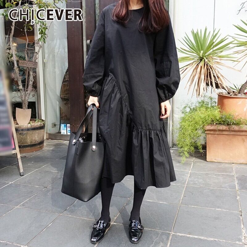 CHICEVER春秋ドレス女性Oネックパフスリーブルーズパッチワーク黒ドレス服オーバーサイズ2020 ブラック スプリング 春物 オータム 秋物 6base577765681641