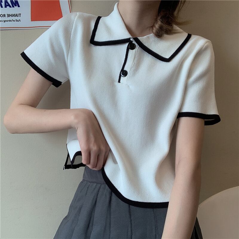 レディースサマードレス2020新バージョンのポロカラーコントラストショートニットセータースリムスリム半袖トップ女子学生 1号婦人37240833846