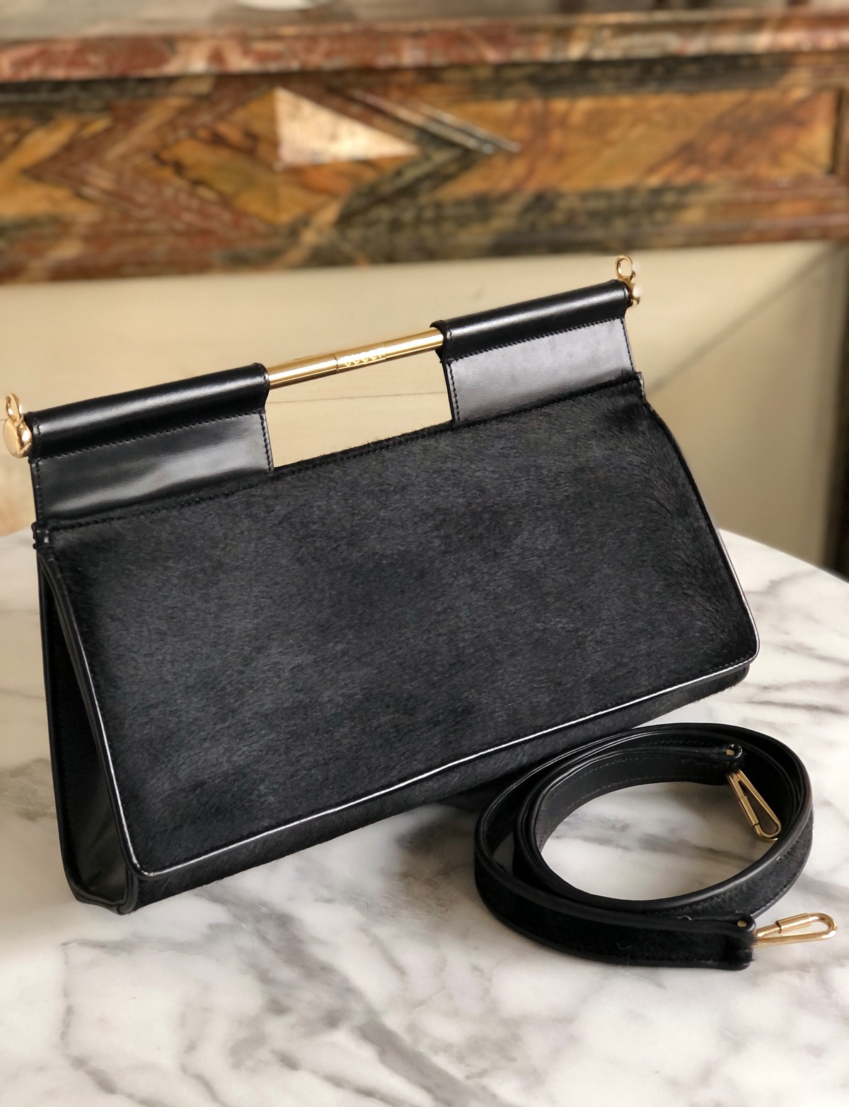 GUCCI グッチ ロゴ ハラコ メタルハンドル フラップ 2WAY ハンドバッグ 