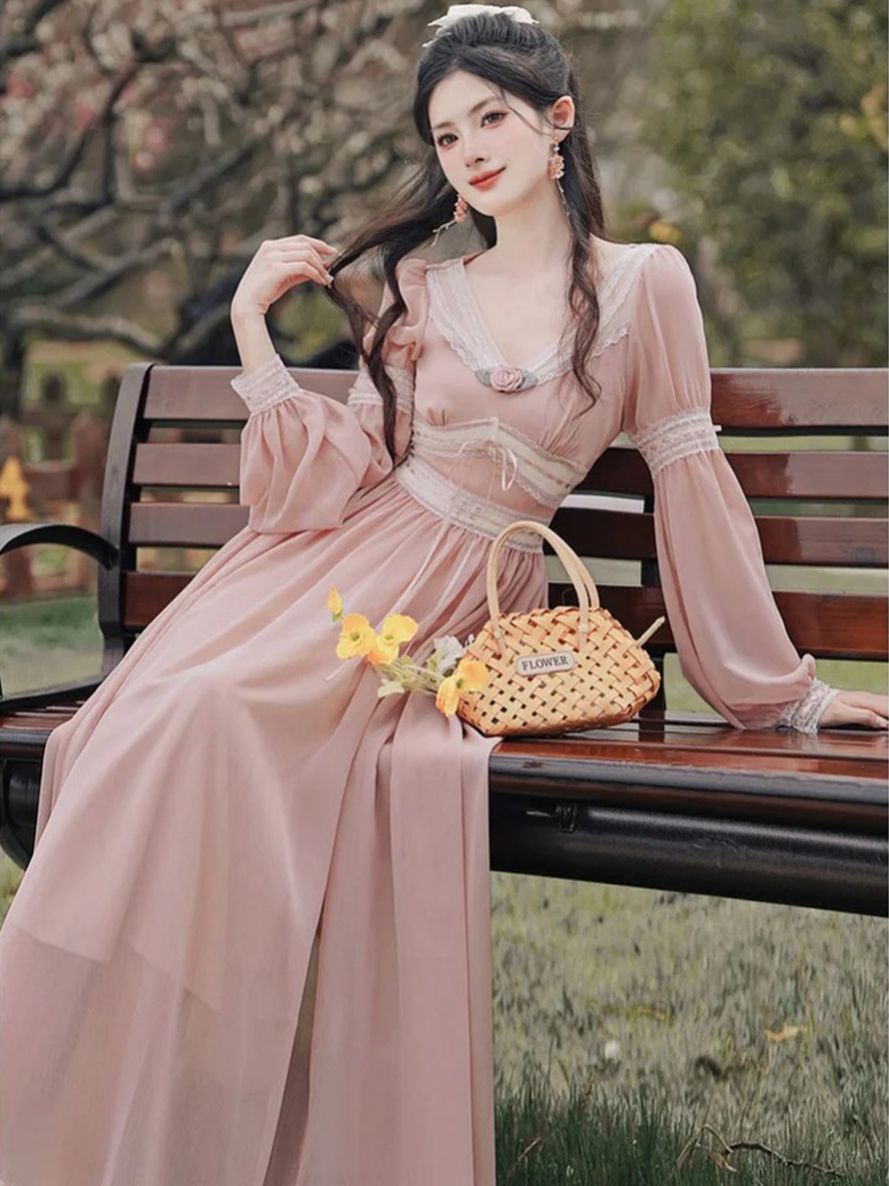 【0262】Pink Chiffon High Waist Long Sleeve Dress