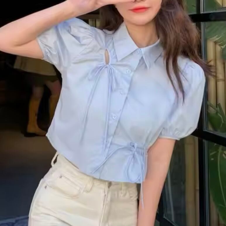 リボンデザインパフスリーブシャツ