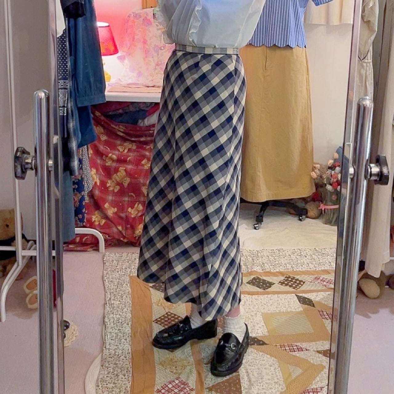 blue ivory check long skirt