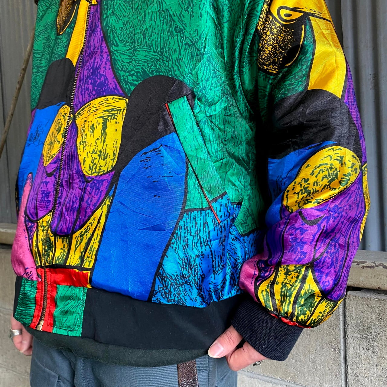 古着屋□□□□_jacket〜90s Piaasso ピカソ　ブルゾン　総柄　アート　赤リブ　中綿　ピンク系