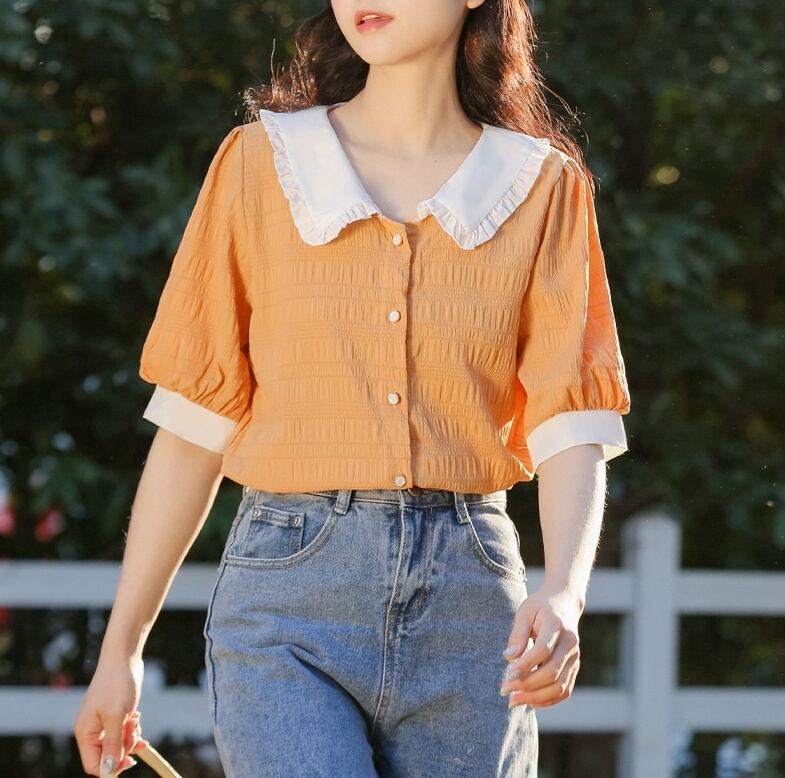 レディース フリル襟 半袖 シャツ オレンジ モダン かわいい おしゃれ 上級 可愛い 10代 代 30代 S M L Sorae 代 30代 レディース服 ワンピース 水着 ドレス ウェディングドレス トップス ボトムス 韓国