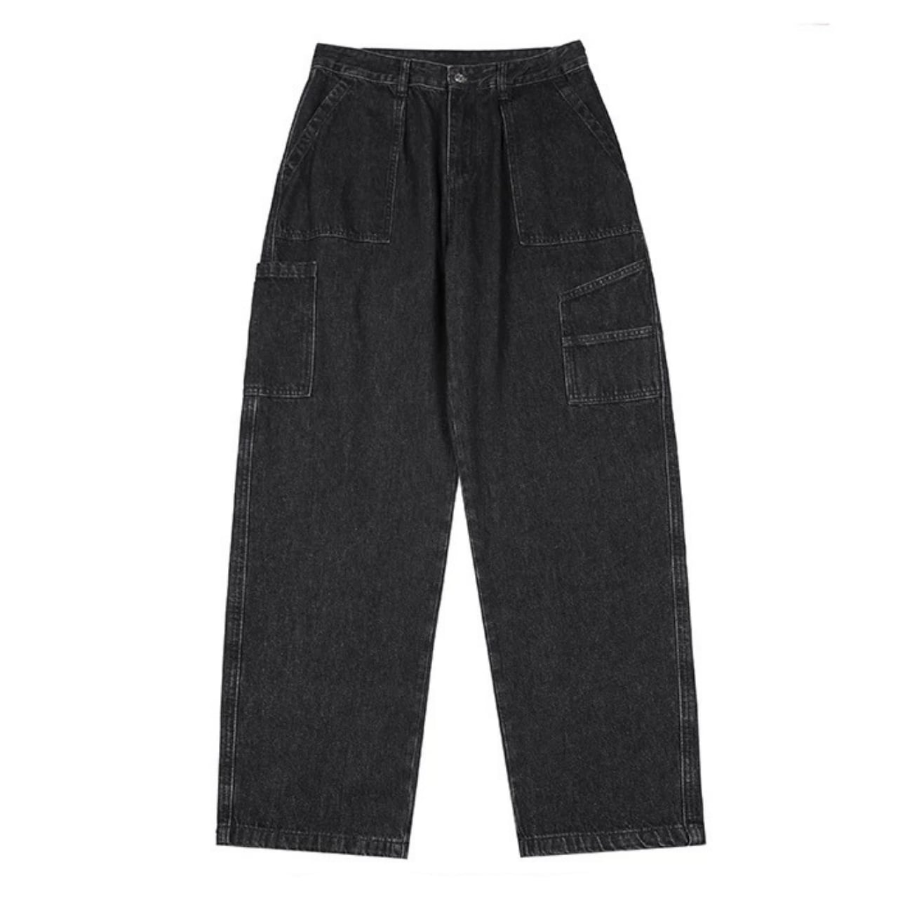 Patch pocket wide straight denim pants 00308