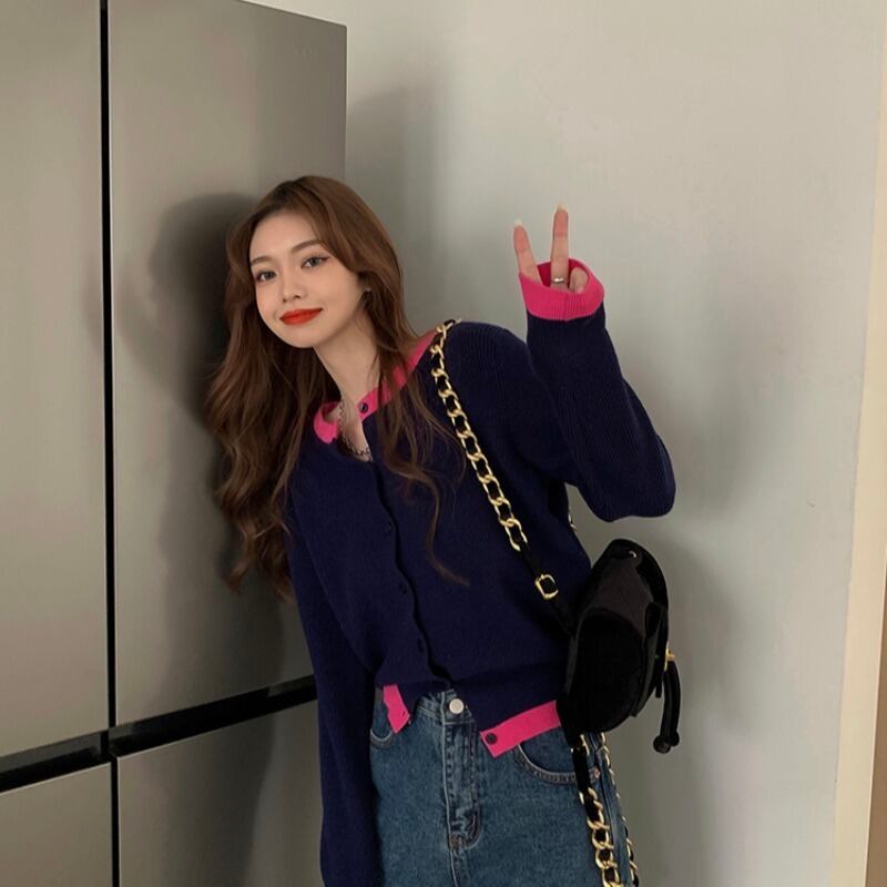 ニットセーター カラールーズカーディガンジャケット スプリングスタイルトップス 春物 ステッチ ブラックストロベリース49595361337