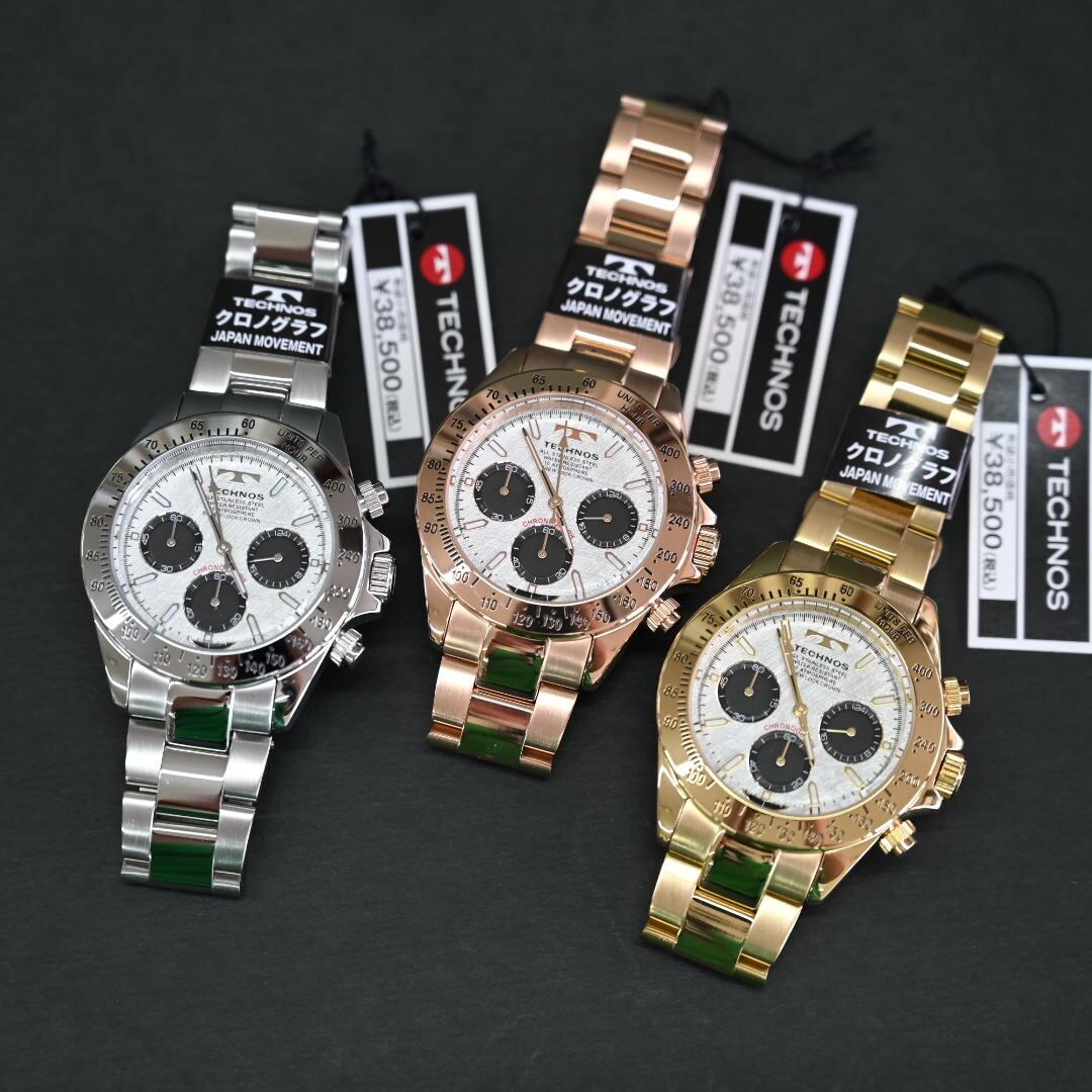 Technos テクノス 限定品 シルバー ローズゴールド ゴールド T4684 メンズ腕時計 クロノグラフ 10気圧防水 メーカー保証付き 栗田 時計店 1966年創業の正規販売店
