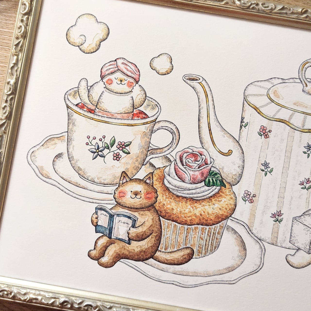 A4 猫とティーパーティー アートプリント/イラスト複製画 | Cashew fafa