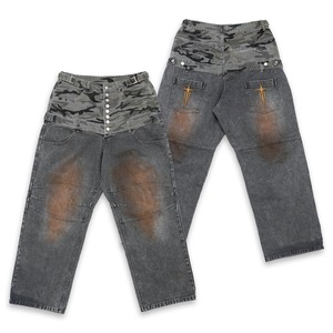 T.C.R WASHED DOUBLE WAIST BAGGY PANTS - GRAY