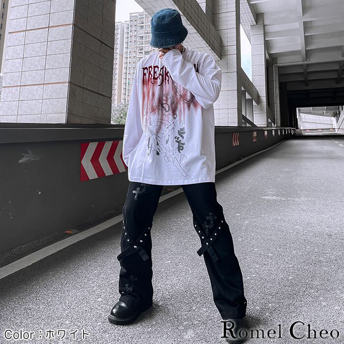 【お支払い確認後20日以内発送】RomelCheo ダーク ホラー ハート 長袖 tシャツ ロング丈 ロンt イラスト プリント メンズ レディース  ビッグシルエット ゆったり ストリート系 原宿系 b系 個性的 個性派 ロック パンク ヒップホップ スケーター 病みかわ カジュアル ファッション  ...