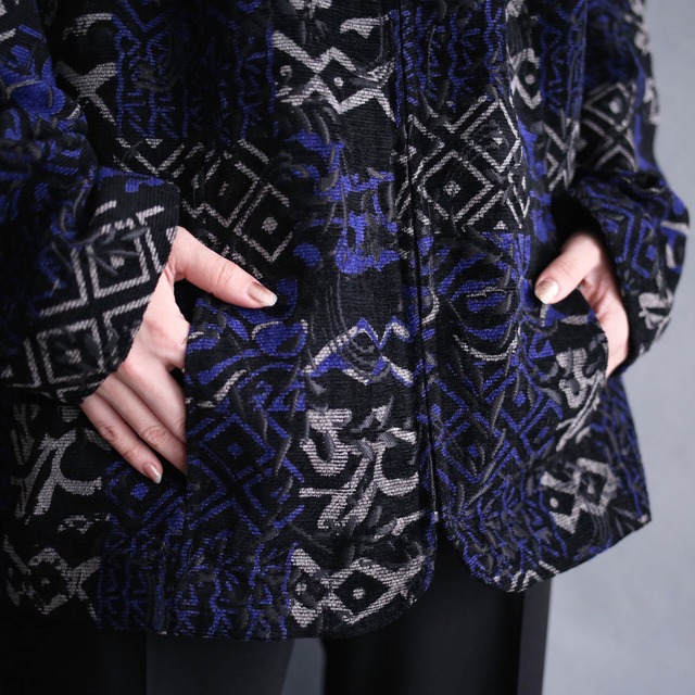 "black × blue × gray" box silhouette mao-collar zip-up jacket