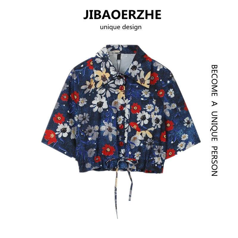 サマースタンダードプリント柄ショートシャツ スタイルギャザークロップトップ トップス レトロ 夏物 ケッペル85473685595