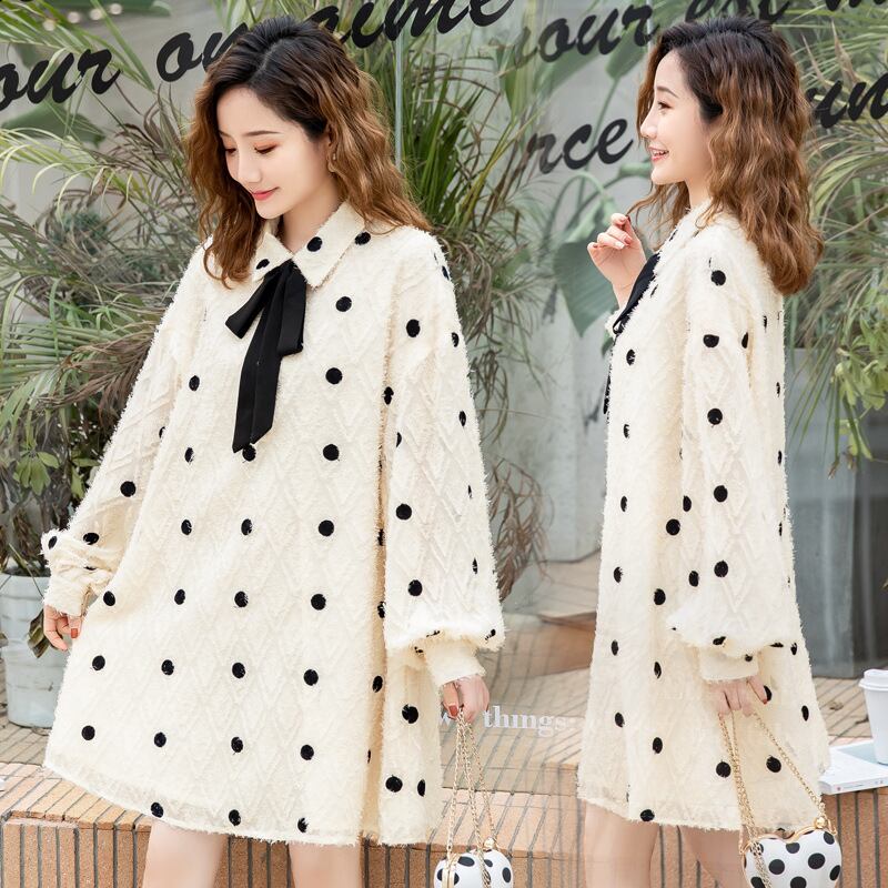 【新作】【送料無料】 新しいマタニティドレスファッションラペルルーズ水玉プラスサイズのマタニティドレスのマタニティドレス2019春バージョン-アリババ 大きめサイズ スプリング 春物 expec266051154485