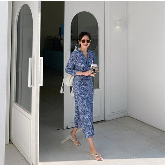 JENNE ウイングカラー7分袖タイトワンピースM ネイビー ネイビー 七分