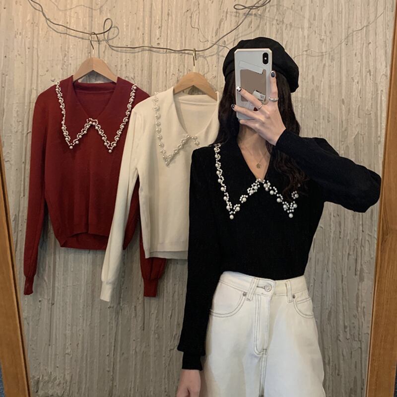 スプリングパールルーズVネックスタイルカラーブラックシャツ セーター レディース 春物 真珠 スーパーモール51000119862