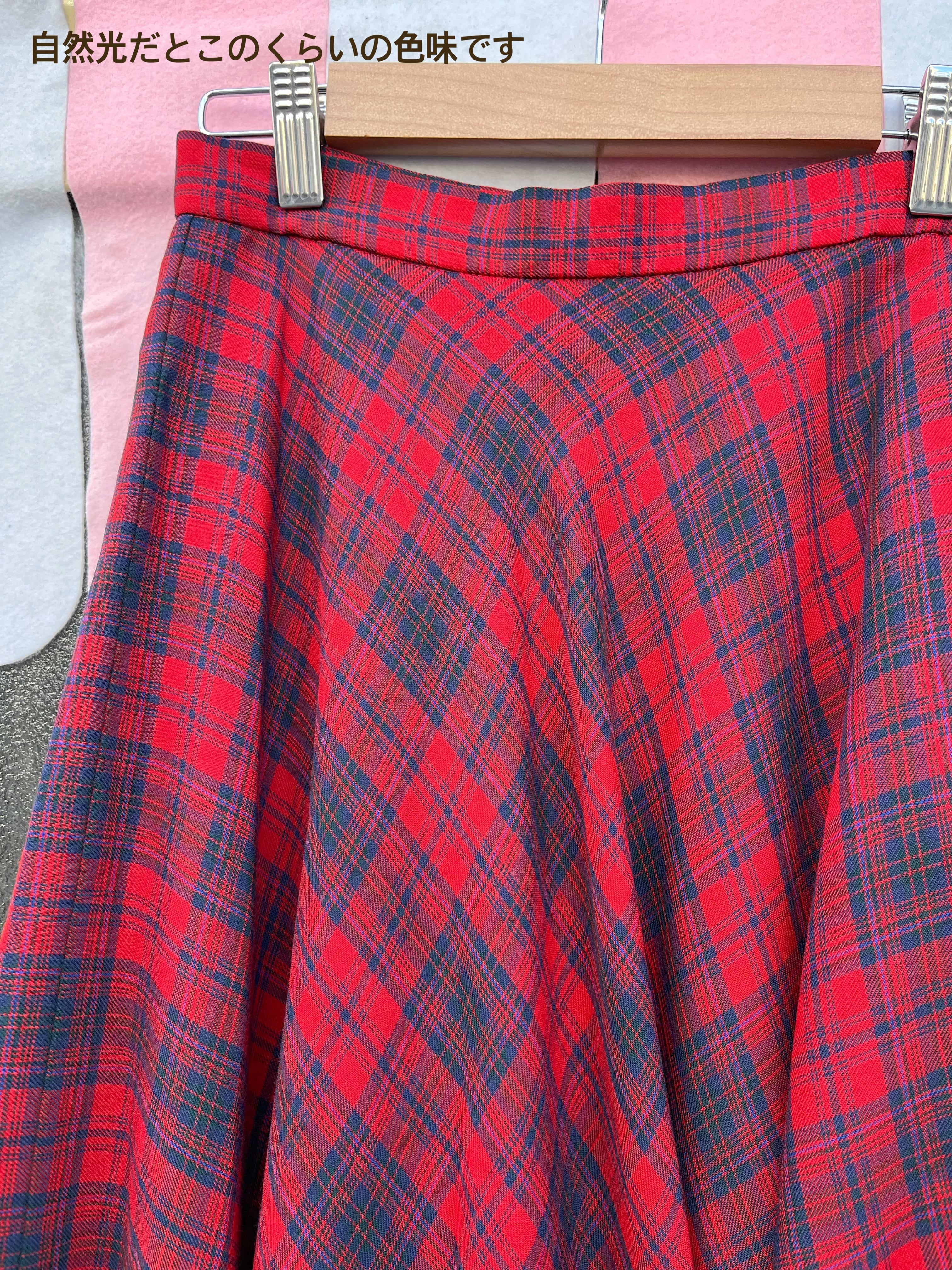red navy check flare skirt