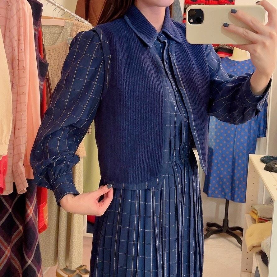 navy white check vest set one-piece