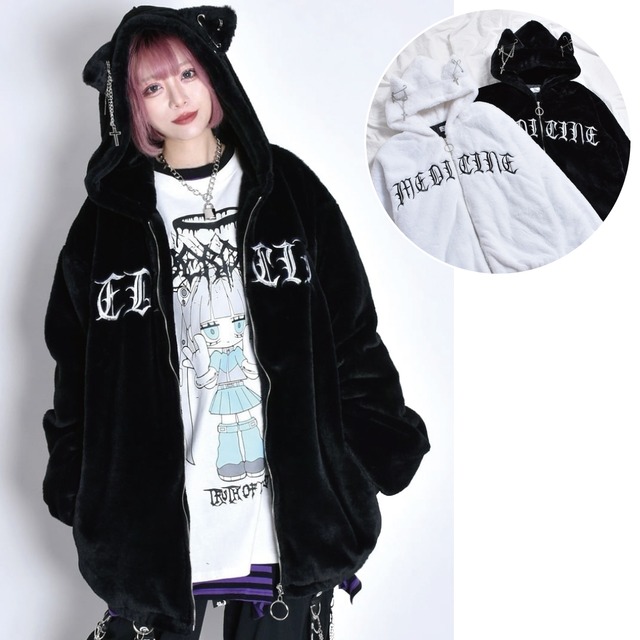 ネコ耳ロゴファーBIGブルゾン(BLACK・WHITE)