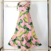 フラダンス 衣装 ワンピース ドレス ピンク系 モンステラ柄 ハワイアンプリント 植物柄 リボン キャミソール フレア アロハ フラ ダンス レッスン 練習 華やか 鮮やか かわいい おしゃれ 上品 グリーン系 イエロー系 ピンク 緑 黄 フラダンスワンピース ドレススタイル カジュアル エレガント レディース 軽やか