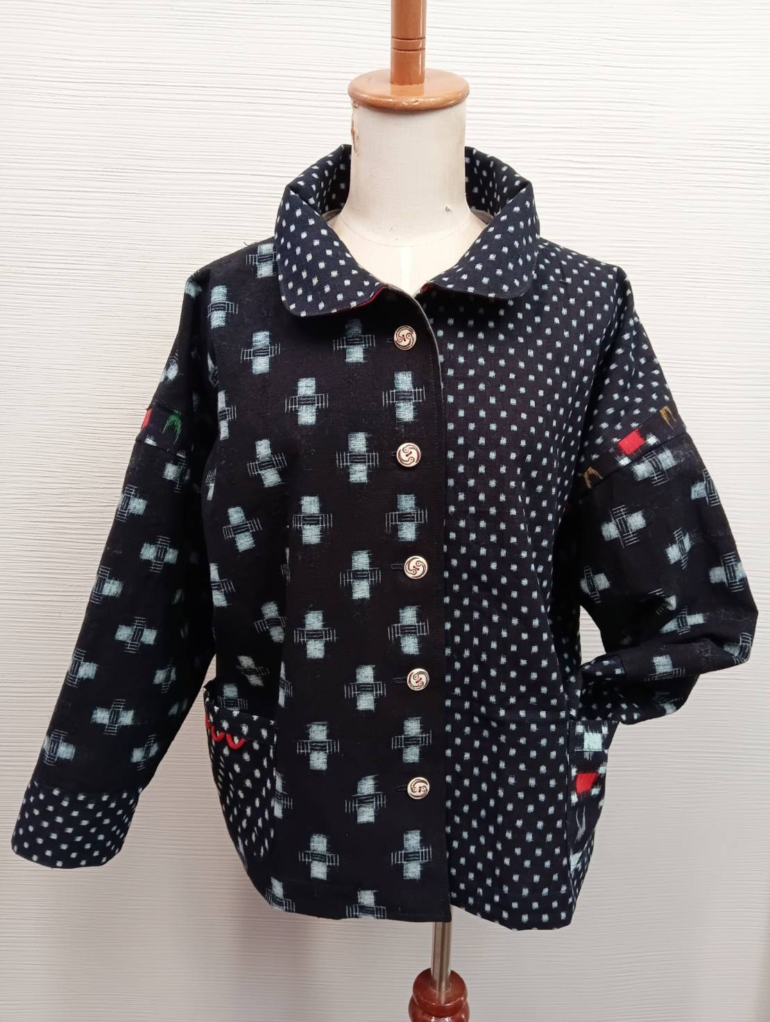和布　リメイクジャケット 新作☆幟旗ジャケット＆刺し子ステッチ 綿100％【古布和布の創作服 彩