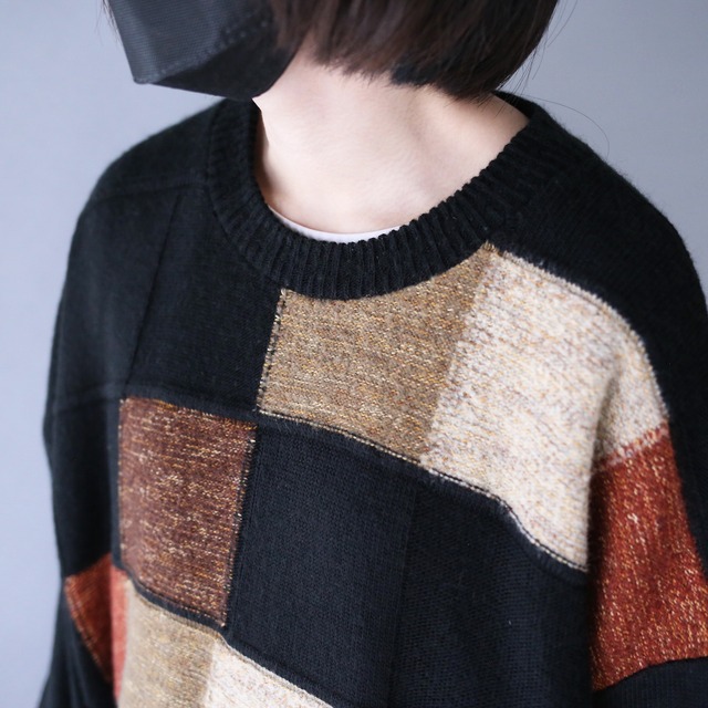 black base random block pattern over silhouette knit