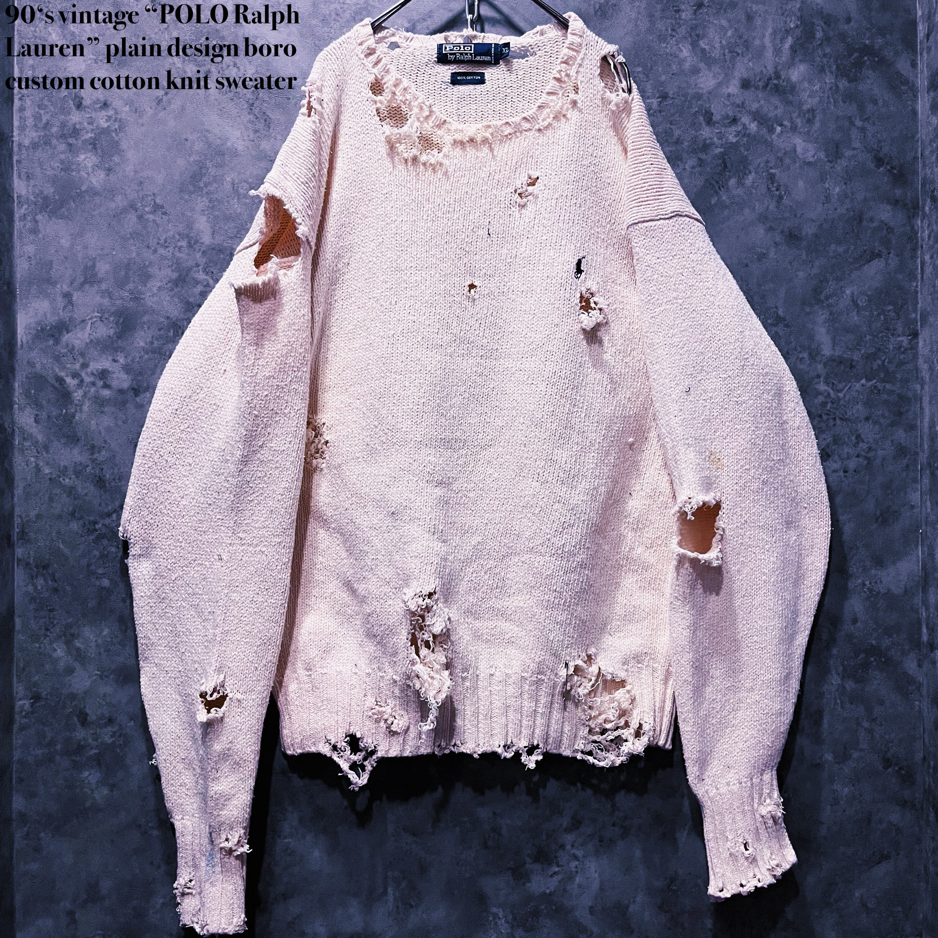 【doppio】90‘s vintage “POLO Ralph Lauren” plain design boro custom cotton knit sweater