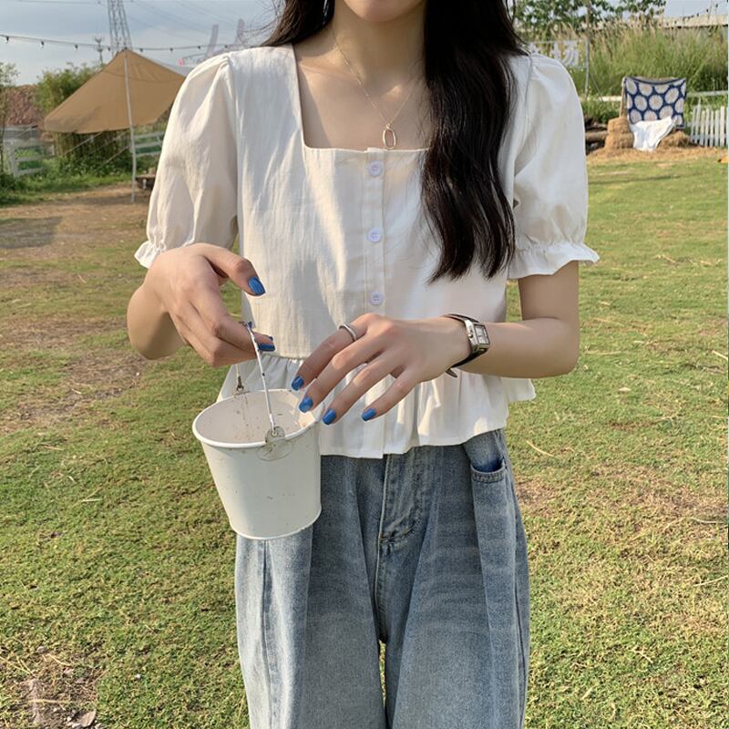 カラーショートシャツ レディースサマースタイルトップス 大人ガーリー スウィート キュート カジュアル 夏物 スクウェア 試着室79269457162