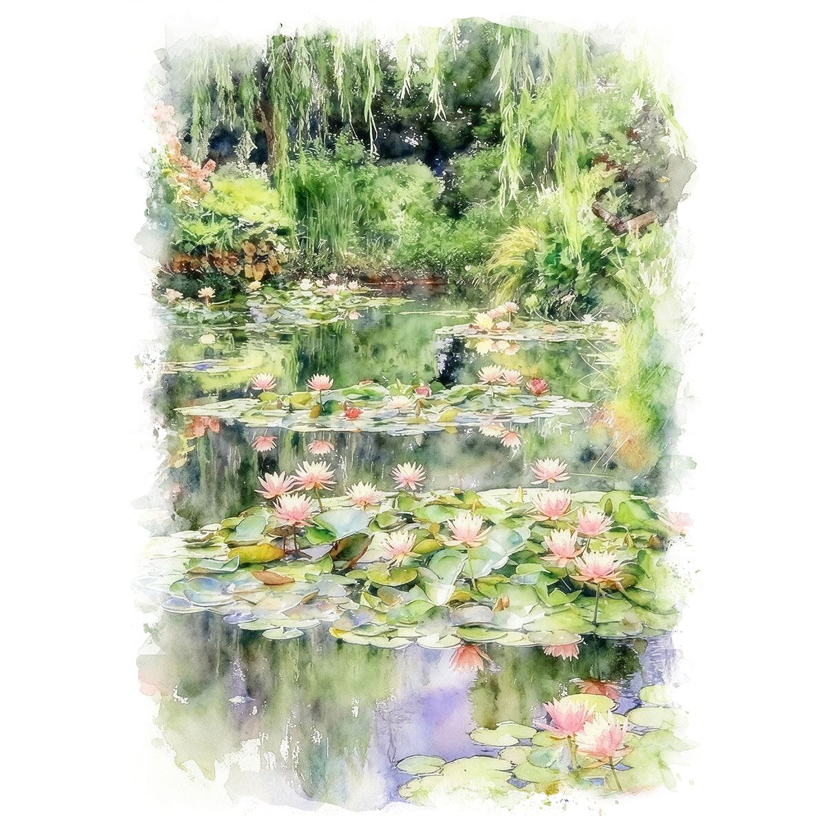 絵画(風景画) フランス ジヴェルニー モネの庭園 インテリアアート額付き 水彩画・油絵風 WAT0796