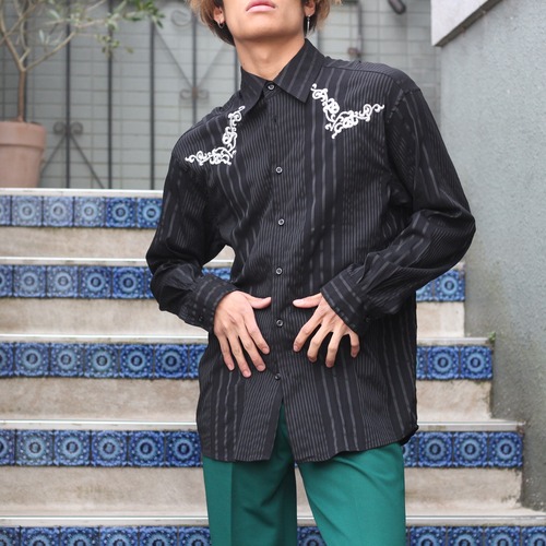 *SPECIAL ITEM* USA VINTAGE PRONTI STRIPE PATTERNED EMBROIDERY DESIGN MODE SHIRT/アメリカ古着ストライプ柄刺繍デザインモードシャツ