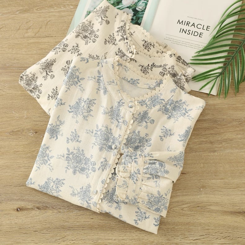 レース縁取りネック 花柄ブラウス 2color fu0990