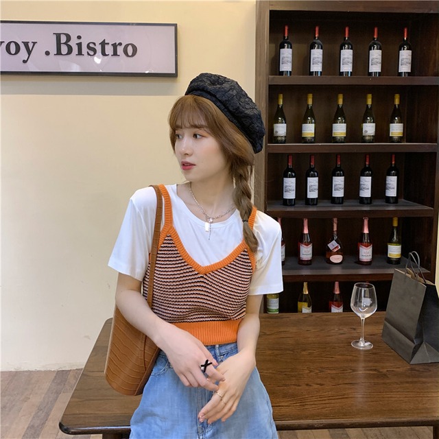 カラーニットVネックウェストショートソリッド Tシャツ ソリッドカラー クレセントシティ41731542067